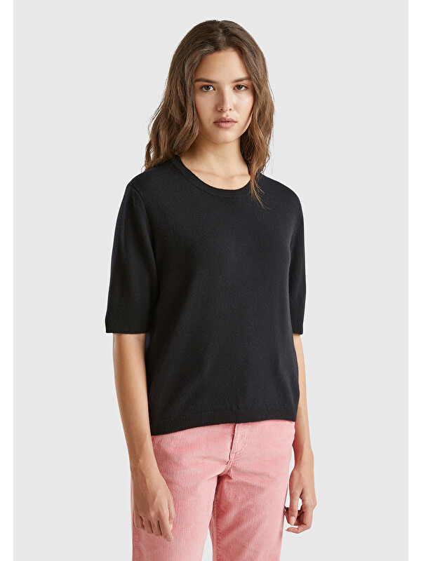 United Colors Of Benetton Kadın Siyah %100 Merino Bisiklet Yaka  Kısa Kollu Kazak