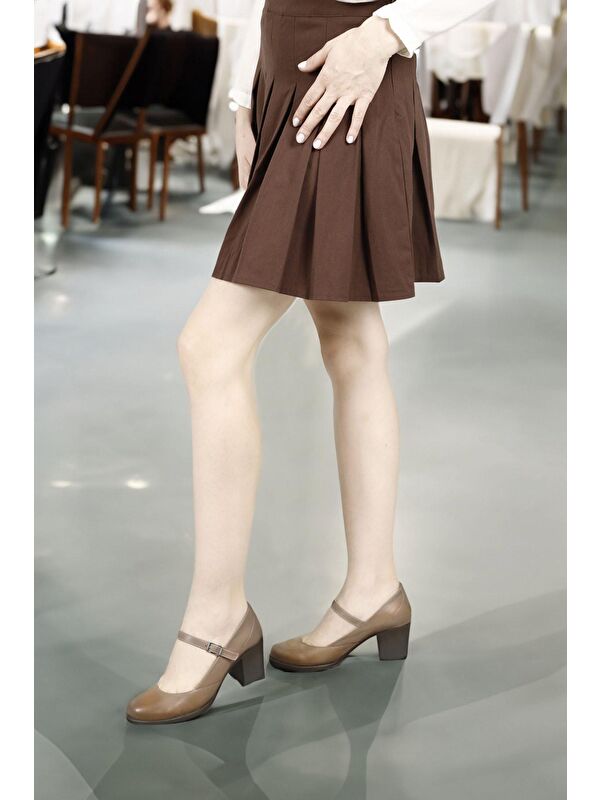 VİZON Hakiki Deri Yuvarlak Burun Orta Topuklu Kauçuk Taban Kadın Ayakkabı 24136 - Görsel 3