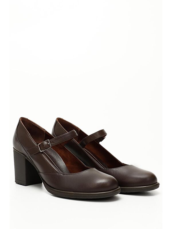 KAHVERENGİ Hakiki Deri Yuvarlak Burun Orta Topuklu Kauçuk Taban Kadın Ayakkabı 24136 - Görsel 4