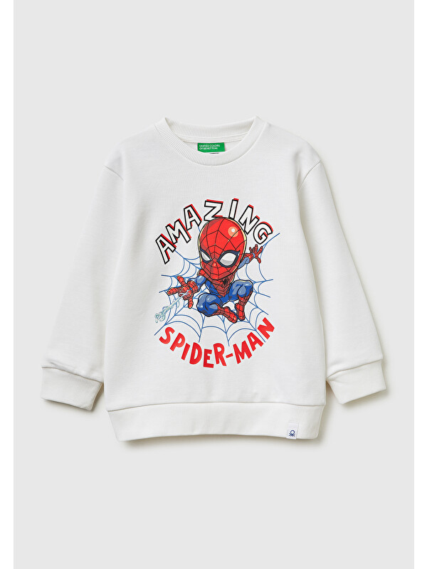United Colors Of Benetton Erkek Çocuk Beyaz Spiderman Baskılı Bisiklet Yaka Sweatshirt