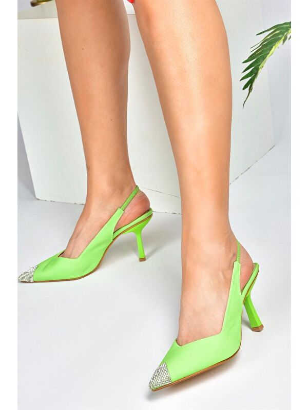 Fıstık Yeşili Saten Kumaş Taş Detaylı Kadın Topuklu Ayakkabı M882027604 - Görsel 5