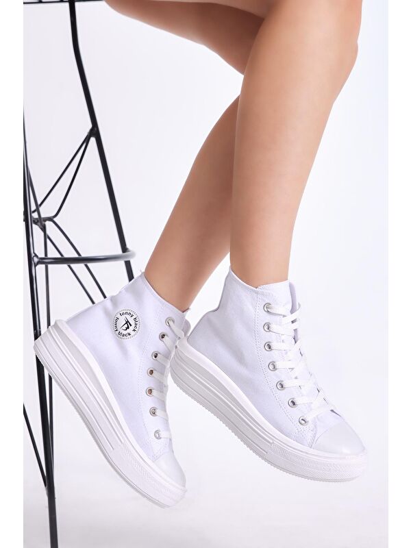 Kadın Beyaz Rahat Kalıp Kalın Tabanlı Uzun Spor Ayakkabı - Görsel 3