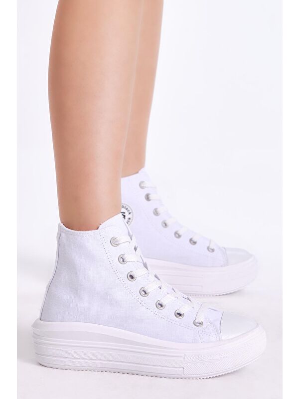 Kadın Beyaz Rahat Kalıp Kalın Tabanlı Uzun Spor Ayakkabı - Görsel 4