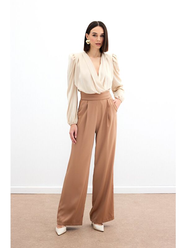 SATEEN Cepli Salaş Saten Pantolon - Camel