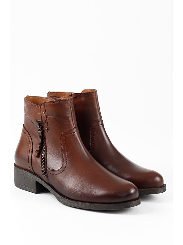 Hakiki Deri Yuvarlak Burun Topuklu Fermuarlı Püsküllü Kadın Günlük Bot 47440 - Görsel 3