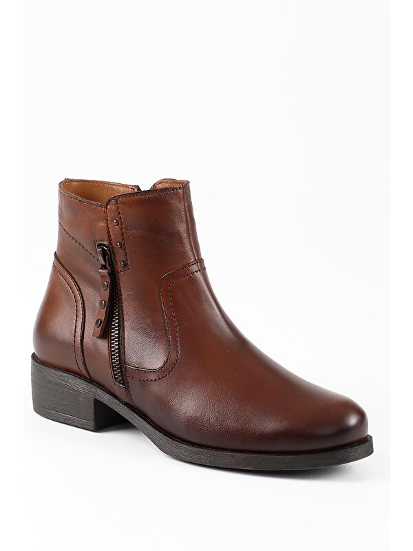 Hakiki Deri Yuvarlak Burun Topuklu Fermuarlı Püsküllü Kadın Günlük Bot 47440 - Görsel 6