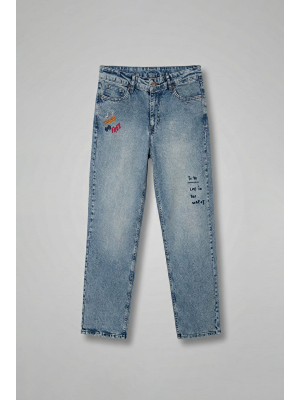 Abluka Online Erkek Slogan İşlemeli Baggy Jean Pantolon Mavi