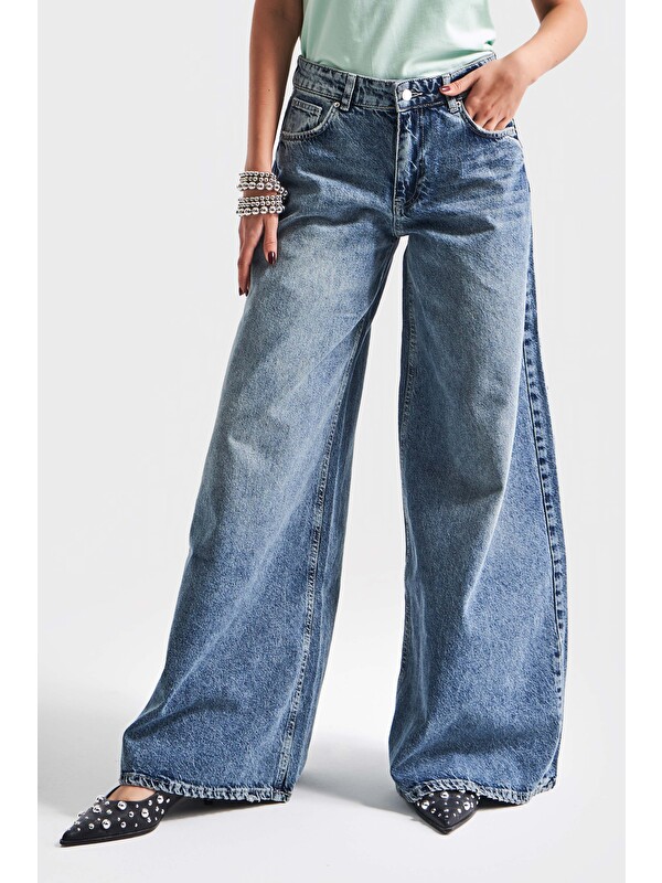 It's Basic Kadın Mavi Renk 4S5-65 Süper Palazzo Fit Elaphant Leg %100 Pamuk Denim Jean