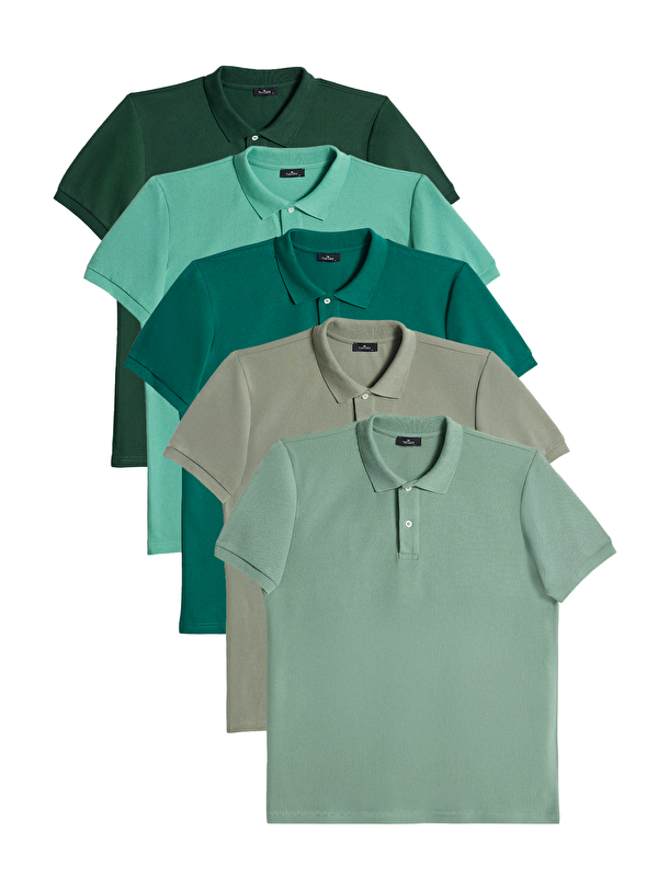 TUDORS Erkek 5'li Paket Haki-Su Yeşili-Koyu Yeşil-Yeşil-Çağla Slim Fit Pamuklu Düz Pike Polo Yaka Tişört