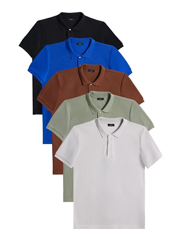 TUDORS Erkek 5'Li Paket Siyah-Saks Mavi-Kahverengi-Haki-Gri Slim Fit Pamuklu Düz Pike Polo Yaka Tişört