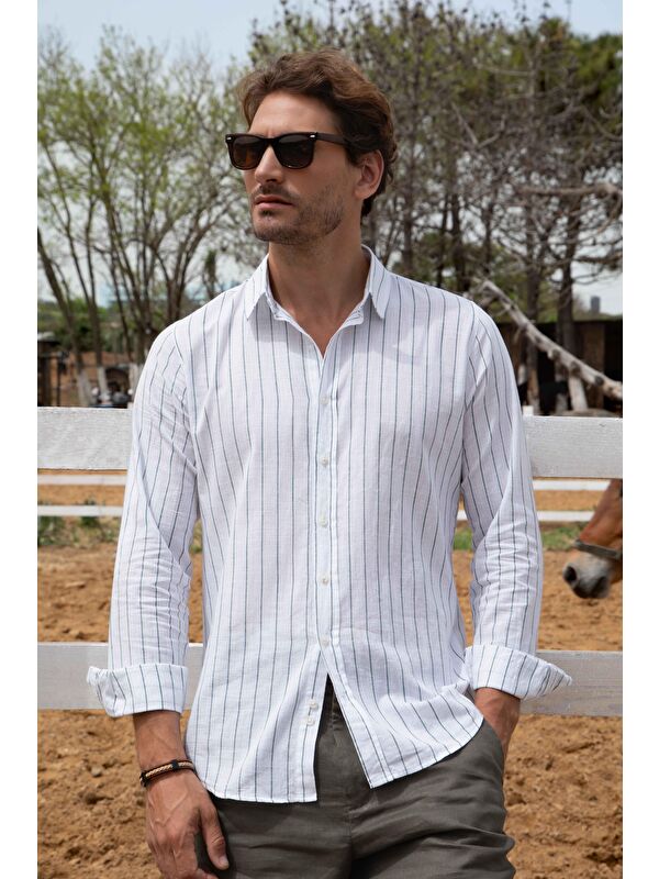 TUDORS Erkek Slim Fit Dar Kesim Uzun Kollu %100 Pamuk Keten Doku Çizgili Gömlek