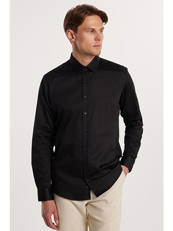 TUDORS Modern Slim Fit Uzun Kollu Pamuk Saten Premium Seri Erkek Siyah %100 Pamuk Gömlek