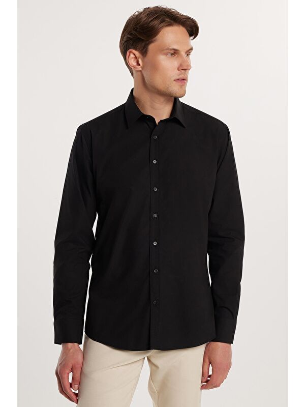 TUDORS Modern Slim Fit Uzun Kollu Pamuklu Kolay Ütü Erkek Siyah Gömlek
