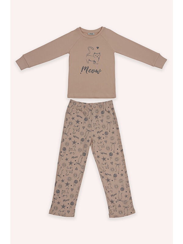 Panço Kız Çocuk Kedi Baskılı Somon Pijama Takımı