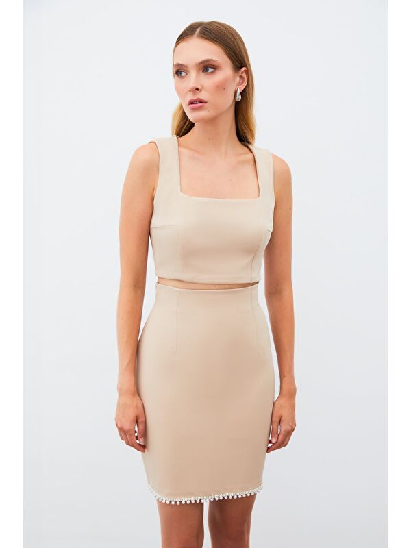 SATEEN Kare Yaka Crop Bluz - Camel