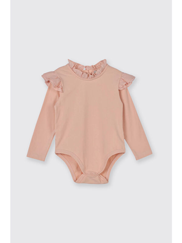 Panço Kız Bebek Fırfır Detaylı Uzun Kollu Pudra Body