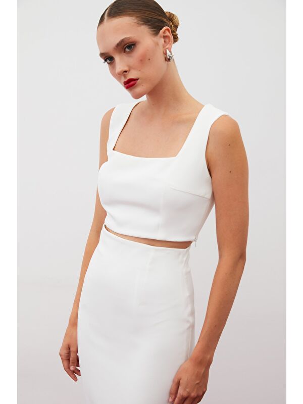 SATEEN Kare Yaka Crop Bluz - Ekru