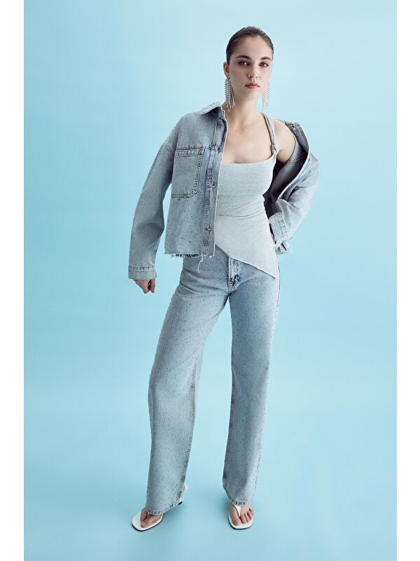 It's Basic Kadın Jean Rengi 3S5-3 Straight Fit Yüksek Bel Parlak Taşlı Denim Jean
