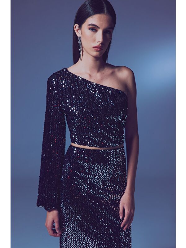SATEEN Tek Kollu Crop Bluz - Gümüş