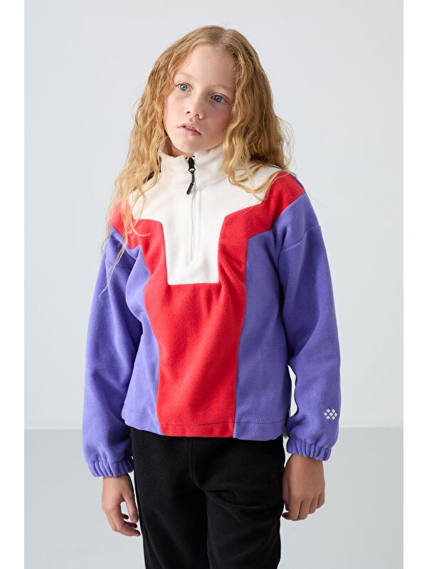 Tommylife Eflatun Kalın Yumuşak Dokulu Oversize Nakışlı Polar Kız Çocuk Sweatshirt - 75153