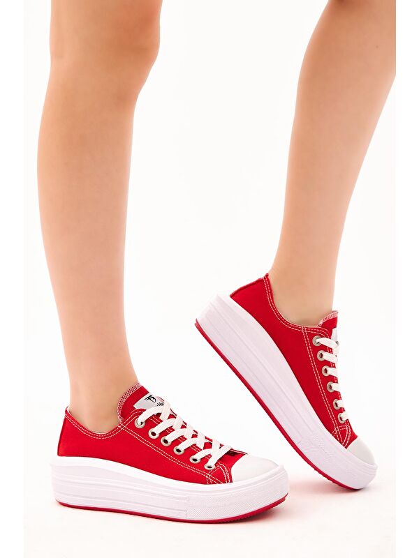 Kadın Kırmızı Rahat Kalıp Kalın Tabanlı Spor Ayakkabı - Görsel 3