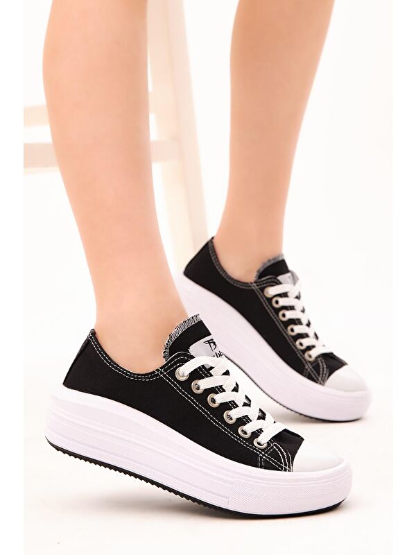 Kadın Siyah Rahat Kalıp Kalın Tabanlı Spor Ayakkabı - Görsel 4