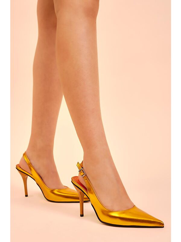 Kadın Oranj Gecce Serisi Rugan Sivri Burunlu Topuklu Ayakkabı - Görsel 2