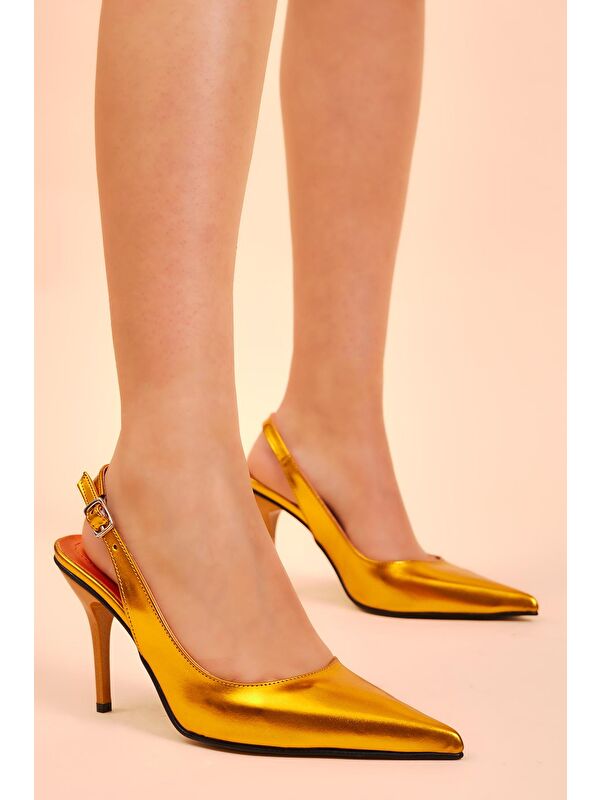 Kadın Oranj Gecce Serisi Rugan Sivri Burunlu Topuklu Ayakkabı - Görsel 3