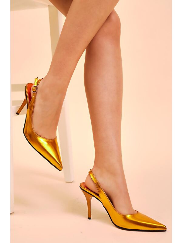 Kadın Oranj Gecce Serisi Rugan Sivri Burunlu Topuklu Ayakkabı - Görsel 4