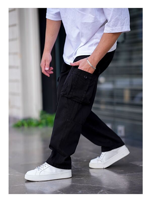 Tarz Cool Erkek Kargo Cep Baggy Pantolon Siyah Rengi