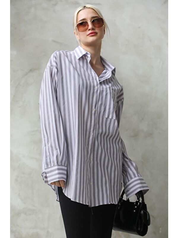 Madmext Gri Çizgili Oversize Kadın Gömlek Mg1688