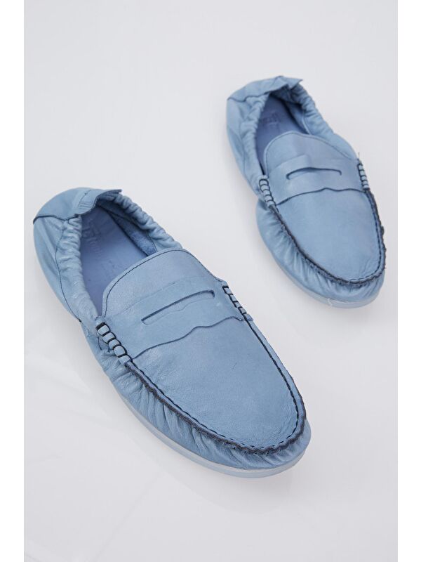 Erkek Mavi Arkası Lastikli Rahat Kalıp Hakiki Deri Loafer - Görsel 3