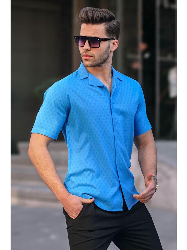 Madmext Mavi Slim Fit %100 Pamuk Kısa Kol Erkek Gömlek 5585