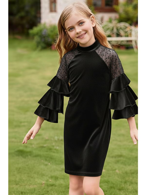 My Kids Wear Kız Çocuk Özel Günler İçin Kadife Çocuk Elbisesi 4-12 Yaş 12107