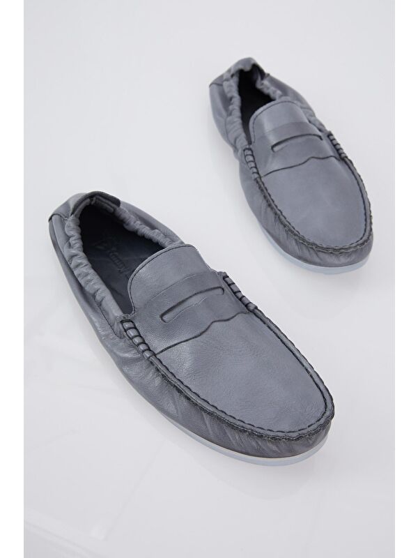 Erkek Gri Arkası Lastikli Rahat Kalıp Hakiki Deri Loafer - Görsel 3