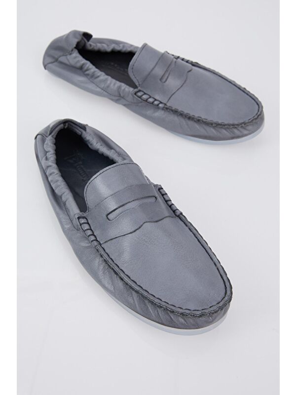Erkek Gri Arkası Lastikli Rahat Kalıp Hakiki Deri Loafer - Görsel 4