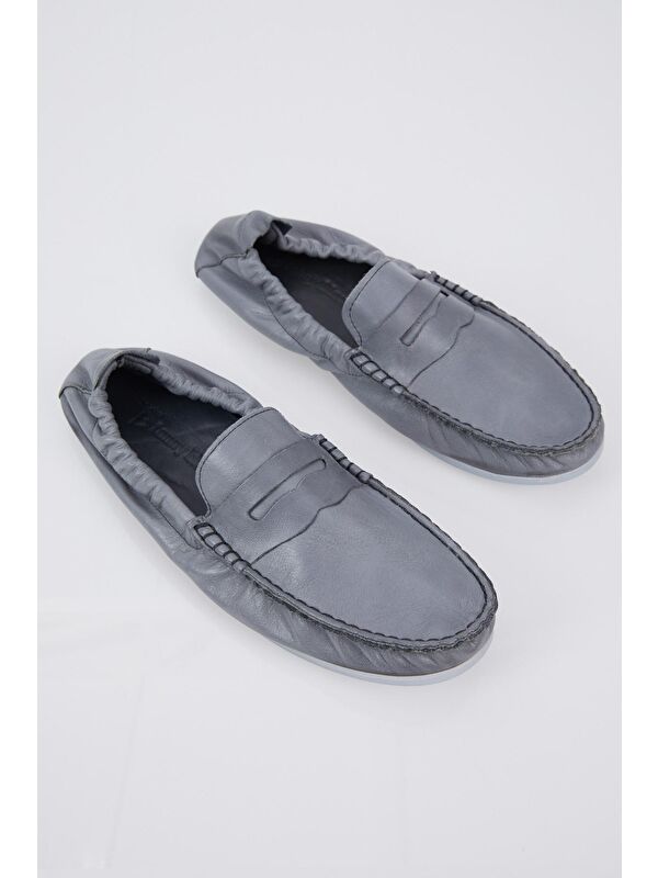 Erkek Gri Arkası Lastikli Rahat Kalıp Hakiki Deri Loafer - Görsel 5