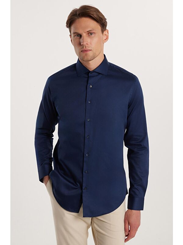 TUDORS Erkek Slim Fit Dar Kesim  100 Pamuk Pamuk Saten Premium Seri Lacivert %100 Pamuk Gömlek