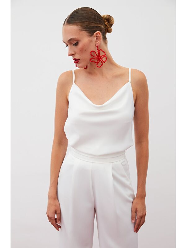 SATEEN Degaje Yaka Saten Bluz - Ekru