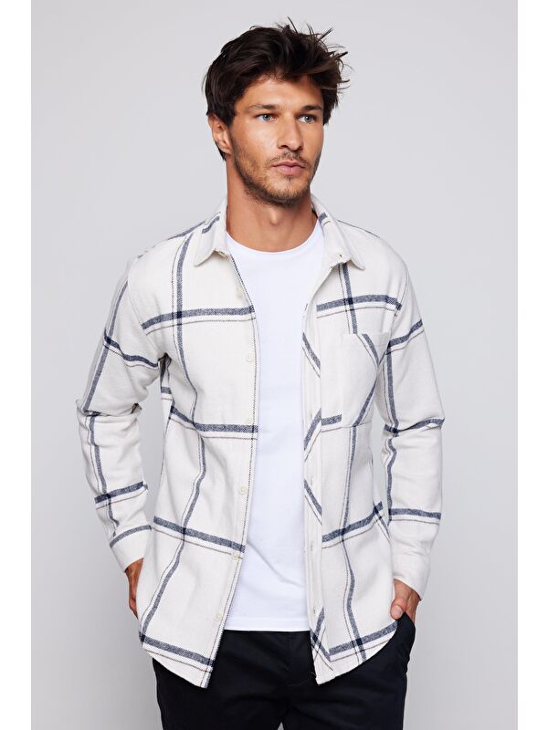 TUDORS Slim Fit Dar Kesim Tek Cepli Kareli Bej-Gri Erkek Gömlek