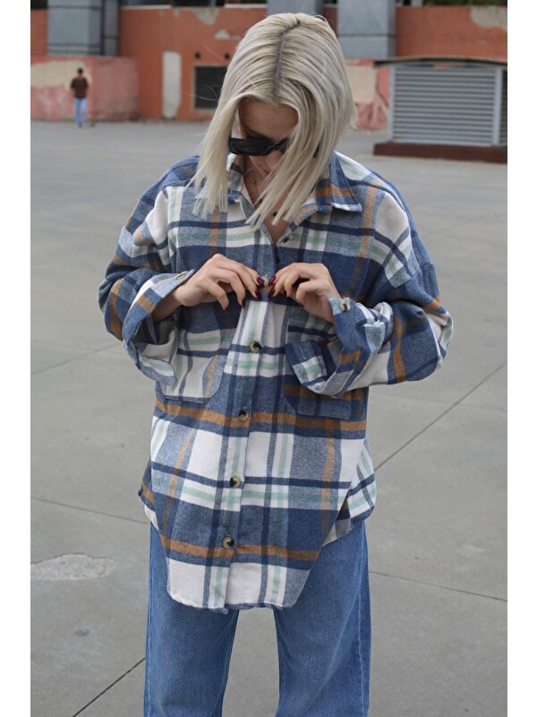 Madmext Lacivert Oversize Kadın Oduncu Gömlek MG1589