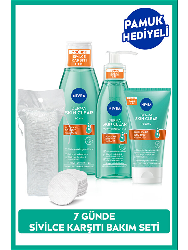 NIVEA Derma Skin Clear Sivilce Karşıtı Yüz Temizleme Jeli 150ml, Tonik 200ml, Peeling 150ml, Pamuk Hediye