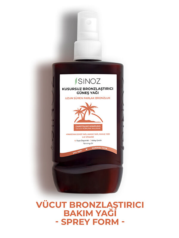 Sinoz Kusursuz Bronzlaştırıcı Güneş Yağı Spreyi 200 ml Hindistan Cevizi Kakao Havuç Yağı Içeren