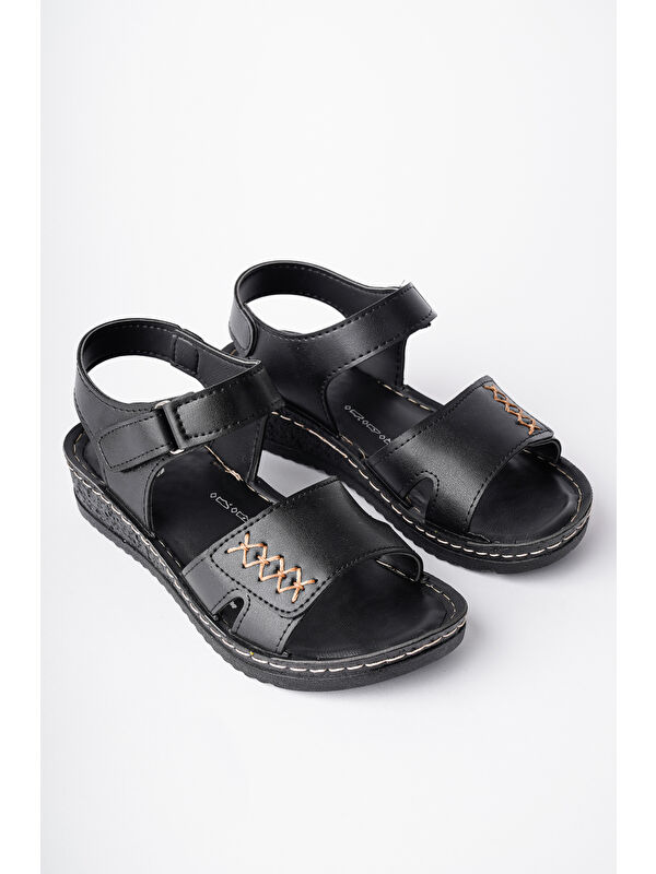 SALVA Rahat Kalıp Deri Görünümlü Cırtlı Tek Bant Kadın Sandalet - Görsel 4