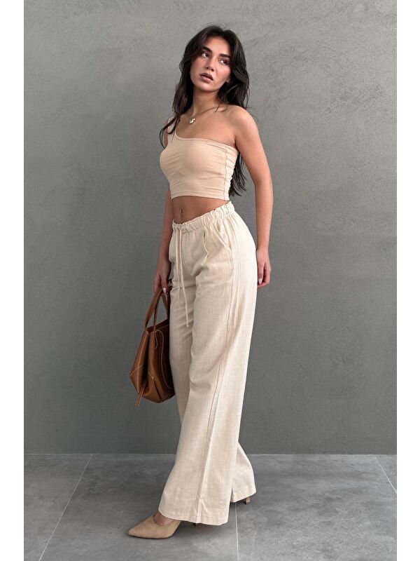 Madmext Bej Beli Büzgülü Wide Leg Kumaş Pantolon Mg1950