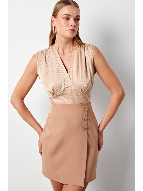SATEEN Kruvaze Desenli Saten Bluz - Camel