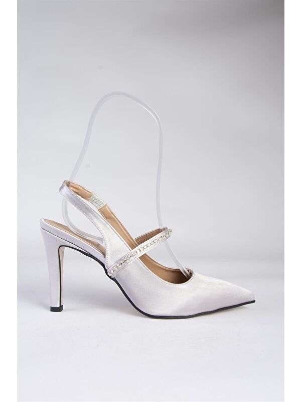 Gümüş Saten Kumaş Taşlı Topuklu Ayakkabı M404707404 - Görsel 5