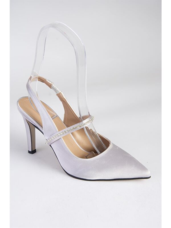 Gümüş Saten Kumaş Taşlı Topuklu Ayakkabı M404707404 - Görsel 6