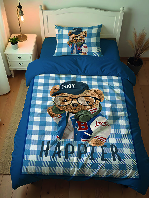 Evmila Çift Taraflı Teddy Desenli Çarşafsız Takım Tek Kişilik Nevresim Takımı 160x220 Cm