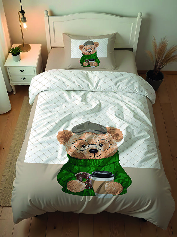 Evmila Çift Taraflı Teddy Desenli Çarşafsız Takım Tek Kişilik Nevresim Takımı 160x220 Cm